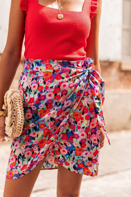 Red Floral Wrapped Lace up Mini Skirt