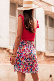 Red Floral Wrapped Lace up Mini Skirt
