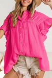 Plain Textured Crinkled Button Ruffles Sleeves Blouse