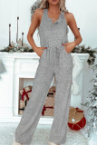 Gray Ribbed Knit Buttons Drawstring Sleeveless Jumpsuit