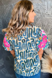 Sky Blue Stripe Plus Size Abstract Print Floral Embroidered Puff Sleeve Blouse