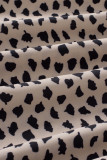 Khaki Leopard Shirred Round Neck Puff Sleeve Blouse
