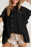 Plain Textured Crinkled Button Ruffles Sleeves Blouse