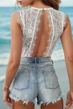 White Full Lace Plunge Backless Bodysuit