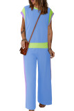 Sky Blue Color Block Detail Casual Two-piece Outfit