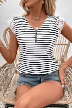 Stripes V Neck Lace Sleeves Top 