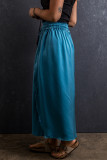 Peacock Blue Drawstring Split Side Flowy Long Skirt