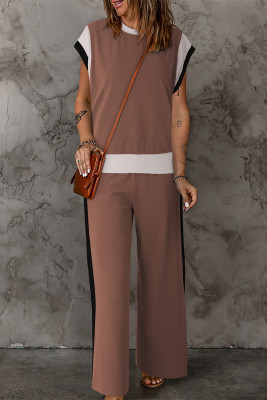 Chestnut Color Block Detail Casual Two-piece Outfit