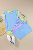 Sky Blue Color Block Detail Casual Two-piece Outfit