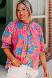 Rose Plus Floral Print Frilly Neck Puff Sleeve Blouse