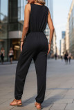 Black Zipper Down Drawstring Waist Sleeveless Jumpsuit
