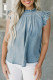 Beau Blue Frilly Pleated Button Back Retro Chambray Top