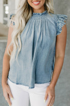Beau Blue Frilly Pleated Button Back Retro Chambray Top