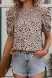 Apricot Printed Smocked Collar Bubble Sleeves Blouse
