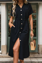 Black V Neck Open Button Drawstring Waist Midi Dress