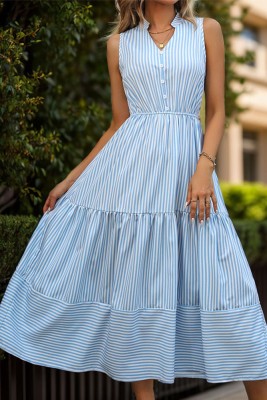 Blue Stripes Splicing Sleeveless Dress 