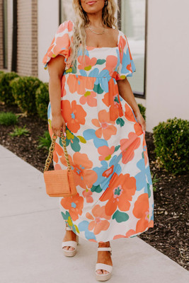 Orange Plus Size Flower Print Shirred Square Neck Maxi Dress