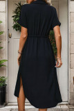 Black V Neck Open Button Drawstring Waist Midi Dress
