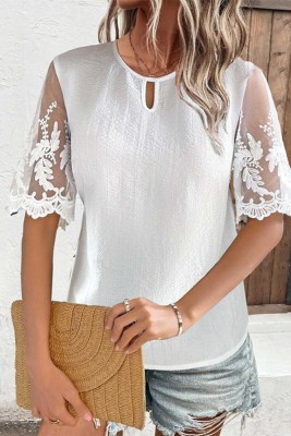 White Lace Jacquard Mesh Sleeves Top 