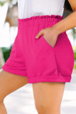 Bright Pink Plus Size Rolled Edge Ruffled Elastic Waist Textured Shorts