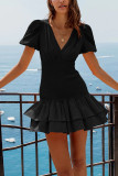 Plain Ruched Smocked Waist Bubble Sleeves Dress