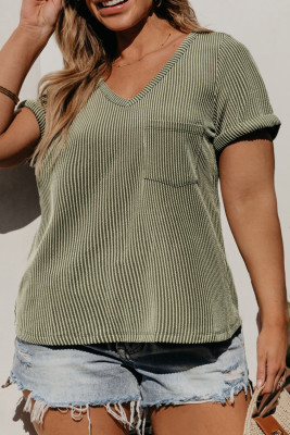 Meadow Mist Green Plus Size Corded V Neck Patch Pocket Tee