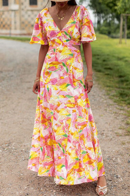 Pink Bohemian Flutter Sleeve Cut out Floral Maxi Dress