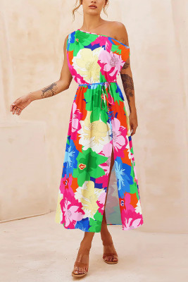 One Shoulder Side Split Drawstring Floral Dress