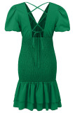 Plain Ruched Smocked Waist Bubble Sleeves Dress
