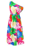 One Shoulder Side Split Drawstring Floral Dress