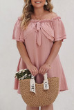 Pink Jacquard Spot Off Shoulder Plus Size Dress