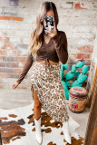 Khaki Leopard Print Size Spit Ruched Midi Skirt