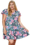 Multicolour Ric-rac Trim Short Sleeve Flared Plus Size Floral Dress