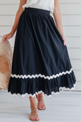 Black Ricrac Trim Colorblock High Waist Long Skirt