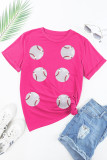 Rose Red Sequined Baseball Graphic Cotton T Shirt