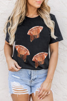 Black Sequin Fringed Rugby Graphic T Shirt