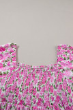 Pink Plus Size Floral Print Smocked Puff Sleeve Dress