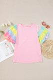 Pink Sequin Colorblock Striped Puff Sleeve Top