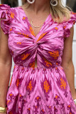 Bonbon Retro Print Twisted Front Ruffled Sleeve Maxi Dress