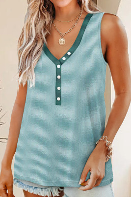 Mint Green Buttoned Contrast V Neck Textured Tank Top