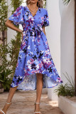 Blue V Neck Floral Printed Ruffle Dress 