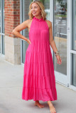 Rose Red High Frilled Neck Tiered Sleeveless Maxi Dress