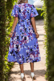 Blue V Neck Floral Printed Ruffle Dress 