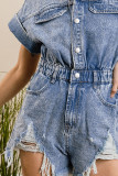 Plain Washed Buttoned Ripped Denim Romper