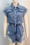 Plain Washed Buttoned Ripped Denim Romper