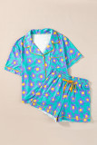 Green Flower Print Short Sleeve Shirt Pajamas Set