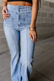 Light Blue Fly Button Exposed Seam Patched Pocket Flare Jeans