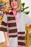 Brown Stripe Textured Patchwork Buttoned T Shirt Dress