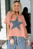 Apricot Pink Mineral Wash Studded Star Patch Graphic High Low Tee