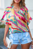 Multicolour Printed Frilled Batwing Sleeve Oversized T Shirt